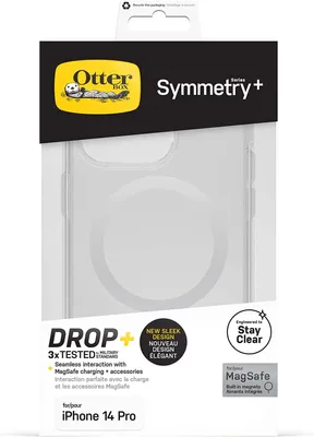 The image shows the retail packaging of an Otterbox Symmetry+ case for an iPhone 14 Pro.