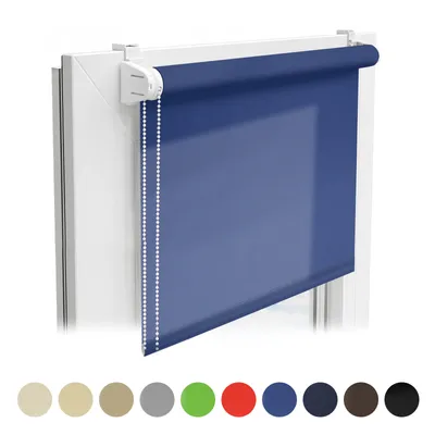 A navy blue roller blind installed on a white window frame.