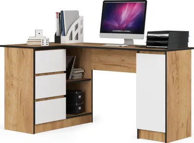 Immagine prodotto di Akord Scrivania Angolare Sinistra Con 3 Cassetti E 1 Anta Rovere/Bianco 155X85X77 Cm