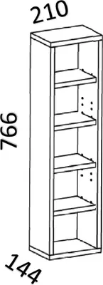 A line drawing of a tall, narrow shelving unit with five shelves. Dimensions are indicated by numbers on the left and top of the image.