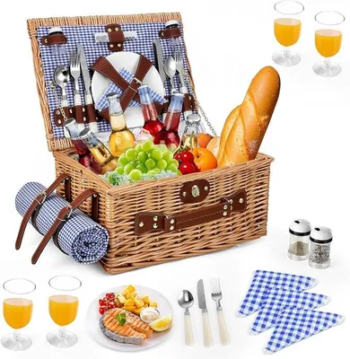 Imagen del producto de Cesta de picnic vintage para 4 personas, con compartimento refrigerador, manta impermeable, cubiertos, ideal para camping, fiestas al aire libre, excursiones de un día, playa y senderismo. Color azul