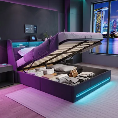 Image de INONEFT : Lit capitonné 140x200 cm avec LED et ports USB, lit à lattes avec sommier à ressorts et coffre de rangement, lit double avec espace de rangement, tissu en lin, couleur gris