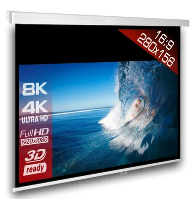 Produktbild von 16:9 SlenderLine Heimkino Beamer Rolloleinwand 280 x 204 (274x154)cm / Gehäuselänge 294 cm / FULL HD / 3D / 4K / HDTV / manuelle Leinwand