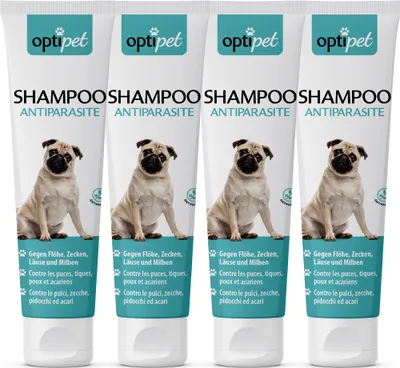 Produktbild von OptiPet 4x250ml Anti-Parasiten-Shampoo für Hunde bekämpft Flöhe, Zecken, Milben, pflegt das Hundefell