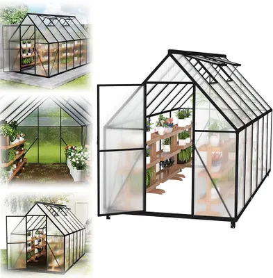 Produktbild von QEENTOE Aluminium Gewächshaus mit Fundament 335x170x195 cm, Treibhaus mit Dachfenster, Winterfest & UV-beständig, Stabil Gartengewächshaus für Tomaten
