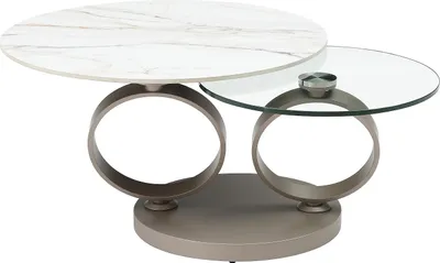 Produktbild von Couchtisch mit drehbaren Tischplatten - Keramik, Sicherheitsglas & taupefarbenes Metall - Marmor-Optik Weiß - JOLINE von Maison Céphy