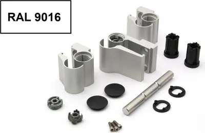 A collection of metal and plastic hardware components for a door hinge, laid out on a white background.