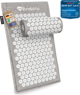 Produktbild von BrellaVio Akupressurmatte mit Kissen - Akupunktur Massage Matte - Akupressur zur Entspannung - Stachelmatte - Grau