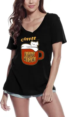 Produktbild von Damen Grafik T-Shirt V-Ausschnitt Kaffee rechts miau Katze – Coffee Right Meow Cat – Öko-Verantwortlich Vintage Jahrgang Kurzarm Lustige Druck