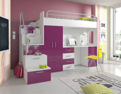 Produktbild von Etagenbett Hochbett mit Schreibtisch Alice Hochglanz weiss - violett
