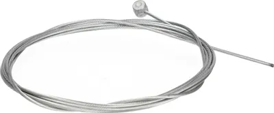 A coiled metal brake cable on a white background.