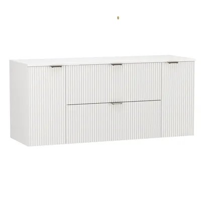 A white bathroom vanity with fluted fronts and metal handles, presented against a white background.