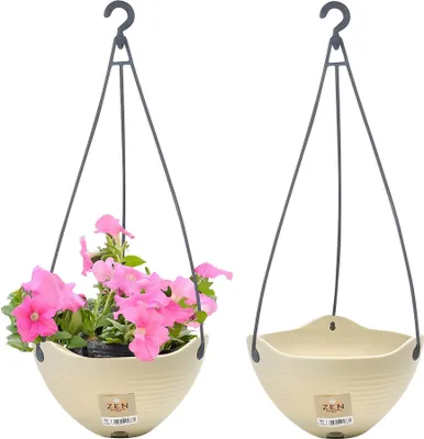 Image de lot de 2 pots de fleurs suspendus avec filet de contrôle de l'eau, rotation de 360 degrés Panier de pots de fleurs auto-absorbant Plastique Extérieur Intérieur Pots de fleurs Jardin Déco, Beige, Diamètre 21cm
