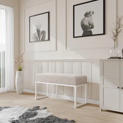 Produktbild von Moder Moderne gepolsterte Sitzbank mit stabilem Metallgestell - ideal für Flur, Schlafzimmer, Wohnzimmer oder Ankleidezimmer. WEIß/ARENA Moder Moderne gepolsterte Sitzbank mit stabilem Metallgestell – ideal für Flur, Schlafzimmer, Wohnzimmer oder Ankleidezimmer. 100 CM