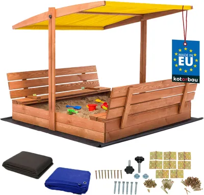 Produktbild von KOTARBAU® Sandkasten mit Abdeckung 140 x 140 cm Großer Braun Holzsandkasten mit Gelb Dach Sandkasten mit Deckel Sandkasten mit Dach Gartenspielzeug Kinder imprägniert verschließbar mit Bänken