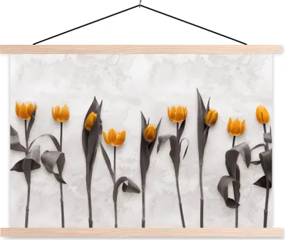 Produktbild von MuchoWow® Textilposter Blumen - Tulpen - Marmor 120x80 cm mit holzfarbenen Rahmen - Aufhängeset