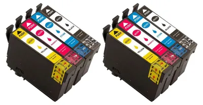 Two sets of four printer ink cartridges are arranged side-by-side against a white background.