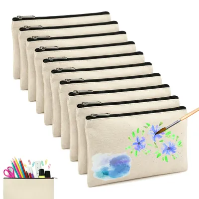 Productafbeelding van 10 handgemaakte, onbedrukte stoffen tassen om te beschilderen, met een ritsvakje, multifunctionele cosmeta-tassen, kantoortassen, hobbytassen, 21 x 12 cm