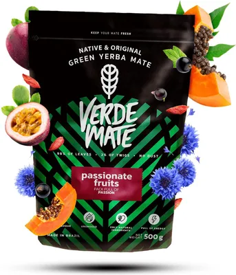 Produktbild von Verde Mate - Mate Tee Passionate Fruits 500g - 5mm Dicke Blätter, Staubfrei - Mild - Maracuja, Papaya - Luftgetrocknet - Yerba Mate Brasilien