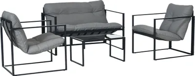 Image de Outsunny Salon de jardin 4 pièces 4 personnes avec canapé 2 places, 2 fauteuils et 1 table basse 3 coussins pour terrasse Jardin - acier noir polyester gris