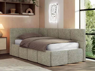 Produktbild von MKS MEBLE Jugendbett 90x200 cm ARVO Polsterbett mit Bettkasten, Mettalrahmen Stauraum & Gasdruckfeder, ohne Matratze - Grau Strukture - Links Seite