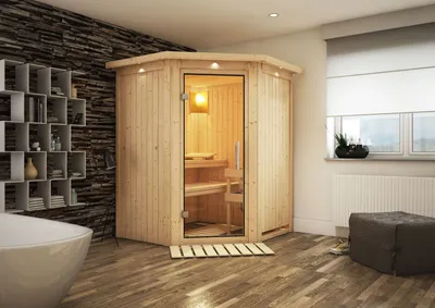 Produktbild von Karibu Sauna Innensauna Nanja Eckeinstieg Ofen 3,6 kW intgr. Strg 165x165x202 cm mit Dachkranz  mit Klarglastür