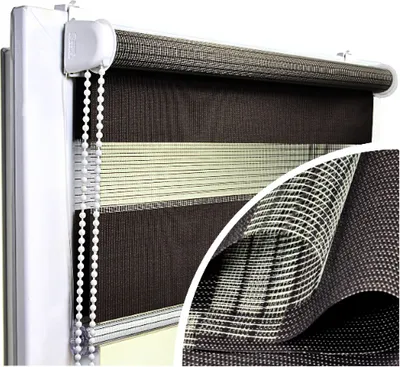 A close-up view of a brown and beige striped roller blind mounted on a white window frame.