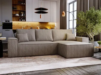 Produktbild von FurniDe24 Ecksofa L-Form Malaga Rechts - Moderne Ecksofa, Wohnzimmer Sofa mit Bettkasten, - Eckcouch Dunkelbeige (Poso 02)