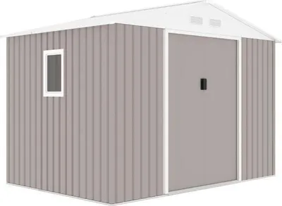Image de Abri de jardin en métal, 5,29 m², 277 x 191 x 202 cm, VENUS, Kit d'ancrage inclus, 2 portes coulissantes, 1 fenêtre latérale Taupe