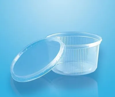 A clear plastic food container with its lid tilted open, presented on a light blue gradient background.