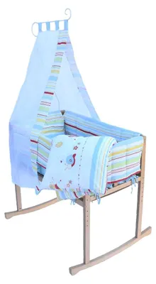 Produktbild von Babywiege Babybett Wiegenbett aus Holz mit Stoffdach und passender Decke