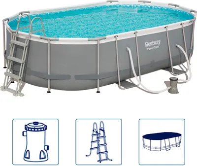 Produktbild von Bestway Power Steel Oval 4.88m x 3.05m x 1.07cm, Grau/Blau, 10949 l, Gerahmter Pool, Leiter, Blau, Grau, 67,4 kg