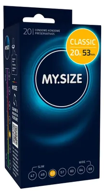 Immagine prodotto di MY.SIZE Preservativi classici misura 3 | 53 mm di larghezza | 20 Pezzi confezione | preservativi premium extra sottili | preservativi fedeli al tatto | 0,07 mm di spessore delle pareti