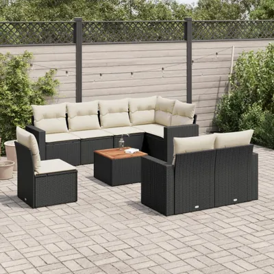 Produktbild von Design 9-tlg. Garten-Sofagarnitur mit Kissen Schwarz Poly Rattan, Gartenmöbel-Sets 2024 Neu