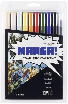 Produktbild von Tombow ABT-10C-MANGA1, Fein / Mittel, 10 Farben, Schwarz, Blau, Grün, Grau, Orange, Pink, Gelb, Rundspitze & Bürstenspitze, Mehrfarbig, Rund