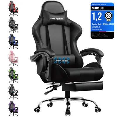 Produktbild von GTPLAYER Gaming Stuhl mit Fußstütze und Massage-Lendenkissen Bürostuhl Zocker Stuhl Ergonomischer Gamer Stuhl mit Verbindungsarmlehnen bis 150kg belastbar Schwarz