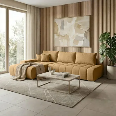 Produktbild von Beautysofa DRACO L Ecksofa mit Schlaffunktion & Bettkasten 267 cm - Schlafsofa, Bettsofa, Couch L-Form, Seitenausführung Links – Senfgelb Barrel 48