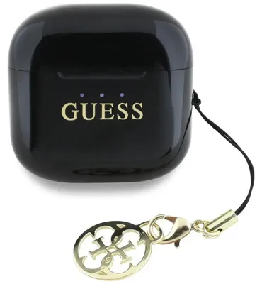 Produktbild von Guess TWS-Kopfhörer mit glänzendem Effekt, bedruckt mit klassischem Logo und Anhänger, Schwarz