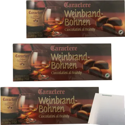 Produktbild von Caractere Weinbrandbohnen Zartbitterschokolade gefüllt mit Weinbrandt 3er Pack (3x200g Packung) + usy Block