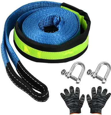 Image de Corde de remorquage de 5 m x 5 cm avec bandes réfléchissantes, sangle de remorquage de 22 000 lb avec 2 crochets renforcés, tapis de sol pour coffre