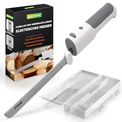Obrázok produktu pre Elektrický kuchynský nôž Nutrichef – akumulátorový nôž s nerezovými čepeľami, USB-C, 11,42″ nerezové čepele, biela farba