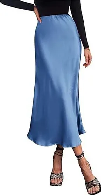 Produktbild von Damen Midi-Satinrock - Elegant und Lässig mit Hoher Taille, Ausgestellt und Fließend mit Rüschen für Partys