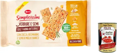 Produktbild von 12x Semplicissimi Doria Crackers Zucca e Rosmarino e Semi di Miglio Bianco, Cracker Kürbis und Rosmarin und weiße Hirsesamen 280g + Italian Gourmet polpa 400g
