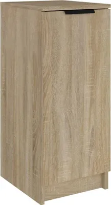 A close-up, side view of a wooden cabinet with a handle.
