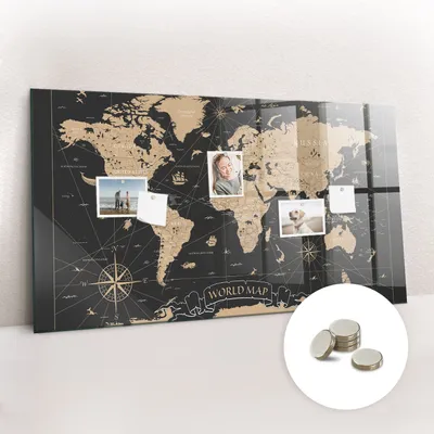 Obrázek produktu pro Magnetická Tabule na Zeď Skleněná - Memo Board Kleněnou Přední Stranou - 5 magnetů v balení - 120x60 cm - Vintage mapa světa