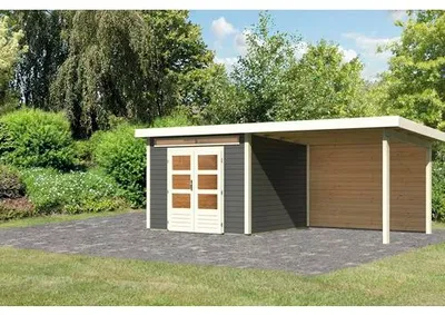 Produktbild von Gartenhaus Karibu Skandi 6 inkl. Anbaudach mit Rückwand 3,2 m 612 x 303 cm terragrau