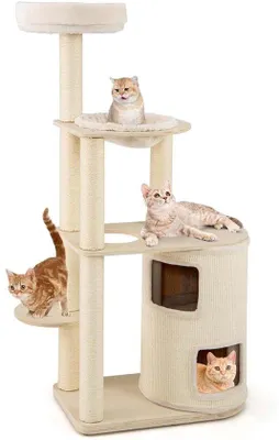 Produktbild von Katzenkratzbaum - Weiß - 151 cm hoch - Holz - Mit Hängematte und Katzenhaus