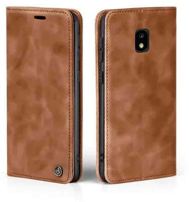 A brown leather flip case for a smartphone is shown from two angles.