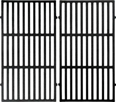 Two black cast iron grill grates are shown side-by-side against a white background.