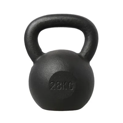 A black kettlebell is shown against a white background.